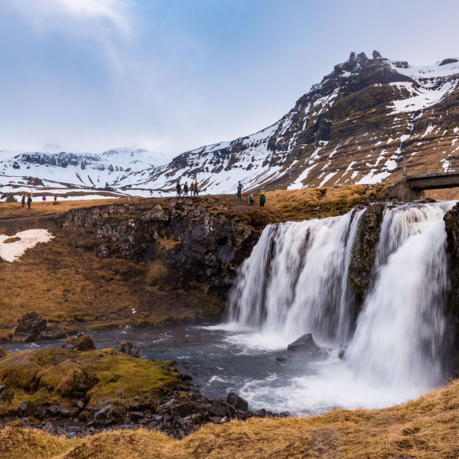The Kirkjufell mountain church mountain and kirkjufellfoss waterfall at grundarfjordur at Snaefellsnes peninsula in Iceland